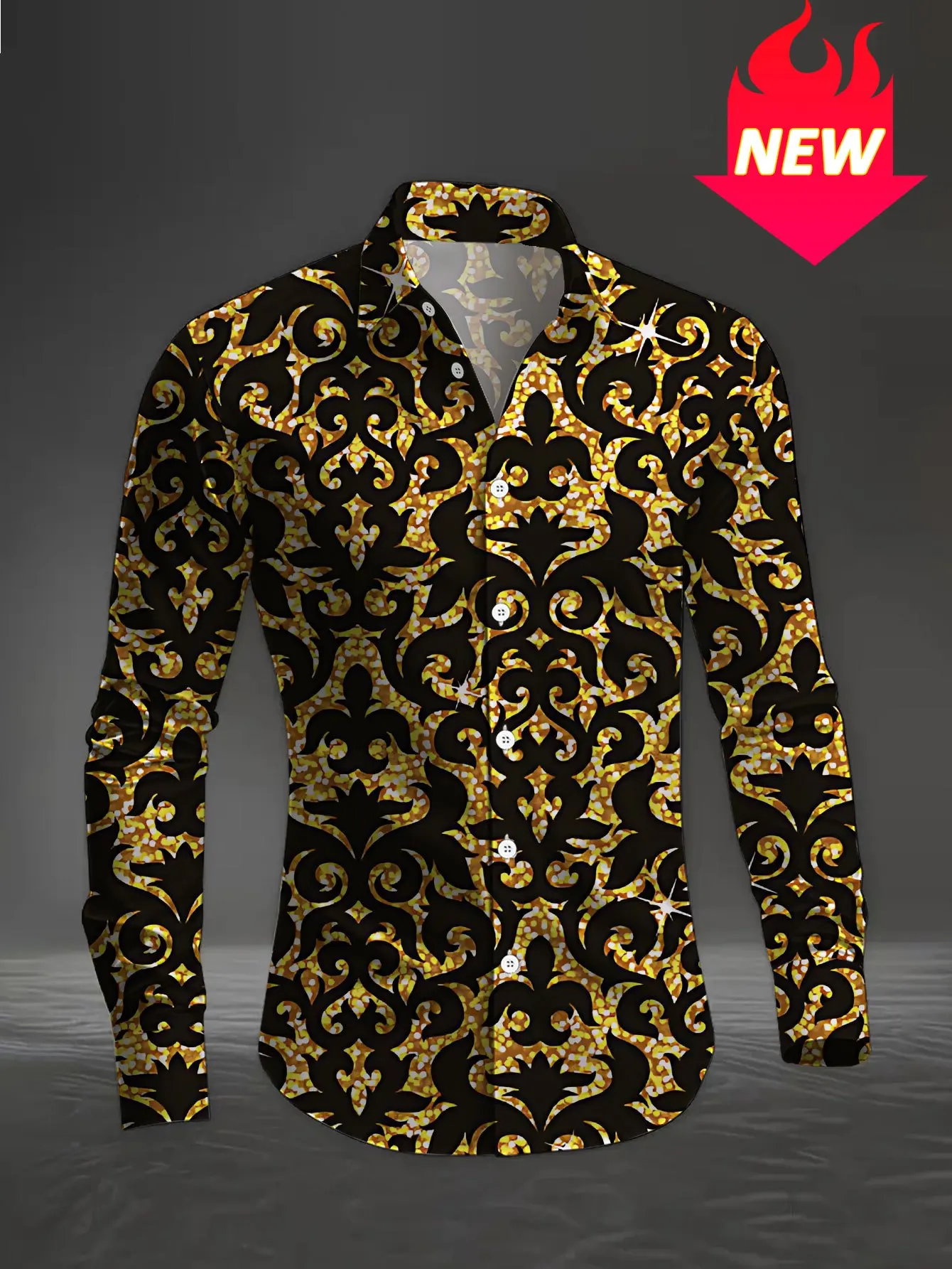 2026 Men's Long Sleeve Shirt Luxury Baroque Gold Glitter Print Retro Party Button Down Top Autumn Fashion Casual Men Clothing