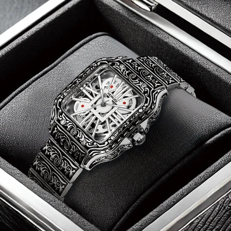 

Мужские бело-черные механические часы премиум-класса в деловом стиле с полностью автоматическим механизмом и квадратным резным узором.