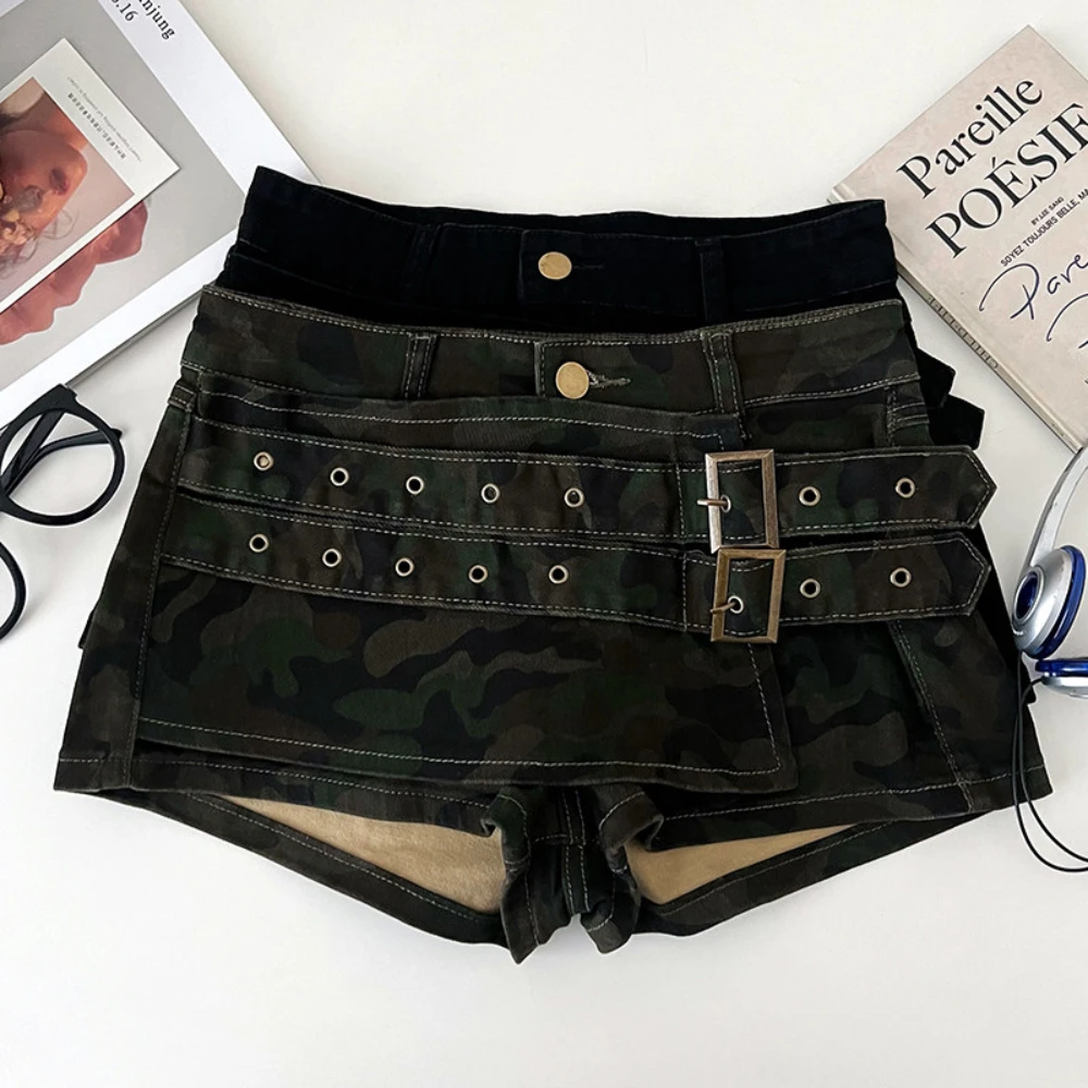Y2K High Waist Denim Skort for Women Double Grommet Belt Wrap Layered Washed Jean Short Skirt Streetwear