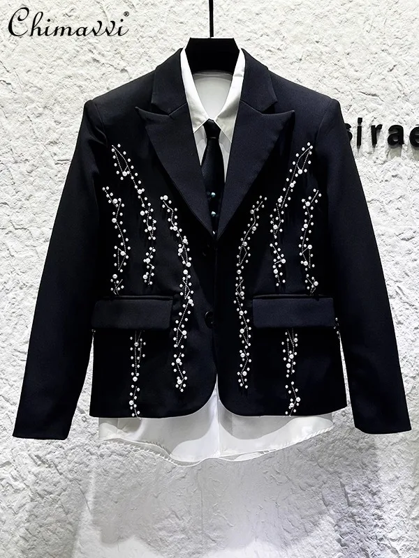 

Black High-End Heavy Embroidery Pearl Small Blazer Men's Fashion Long Sleeve Loose Casual Short Suit Coat 2025 Autumn Clothes