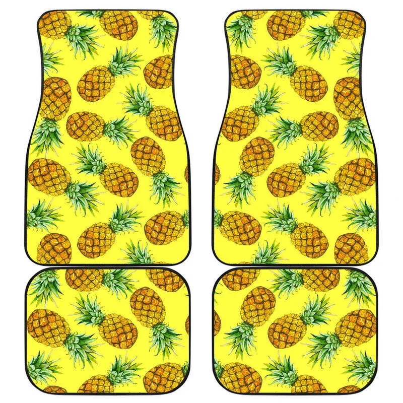 Pastel Yellow Pineapple Pattern Print Front and Back Car Floor Mats Heavy Carpet Front and Rear Full Set 4PCs Pack