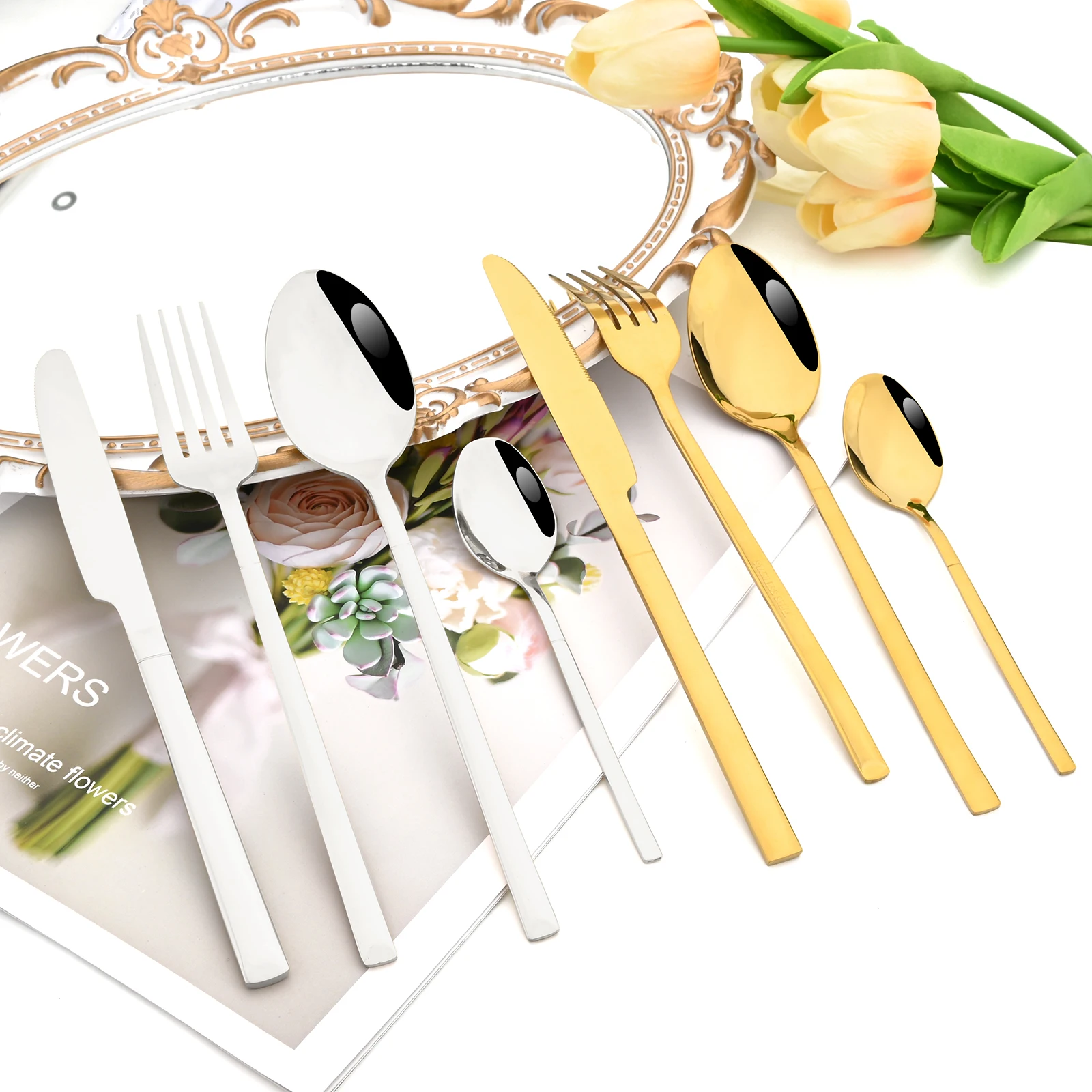 Drmfiy Western Dinnerware Set Mirror 36Pcs Stainless Steel Knife Fork Dessert Spoon Cutlery Set Gold Complete Kitchen Tableware