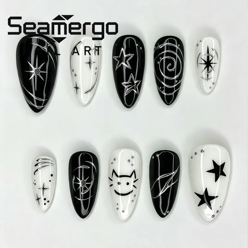 24PCS Y2k Black Almond Press on False Nails Handmade Star Cat Cute Silver Swirl Sweet Cool French Fake Nails Wearable Nail Tips
