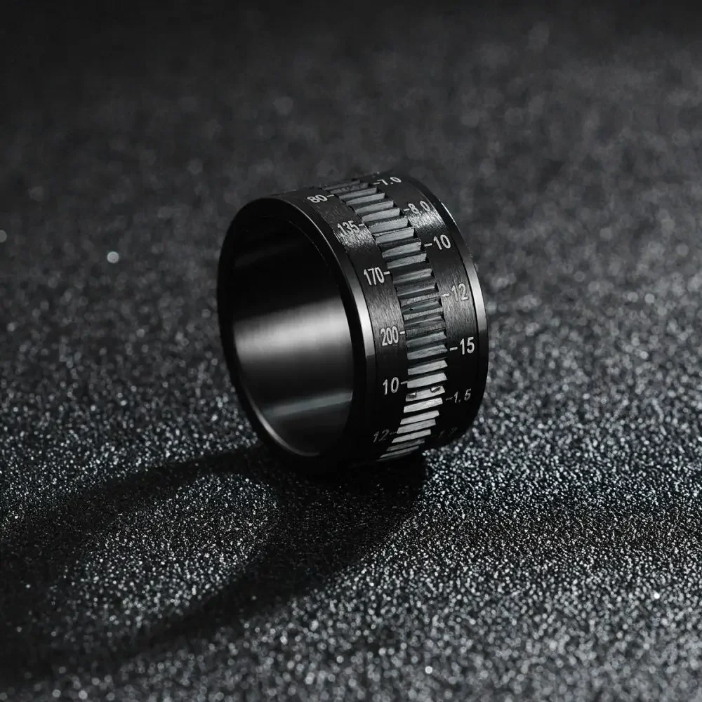 Fashion Stainless Steel Rotatable Camera Lens Ring Personality Trend 12MM Black Rings For Men Women Jewelry