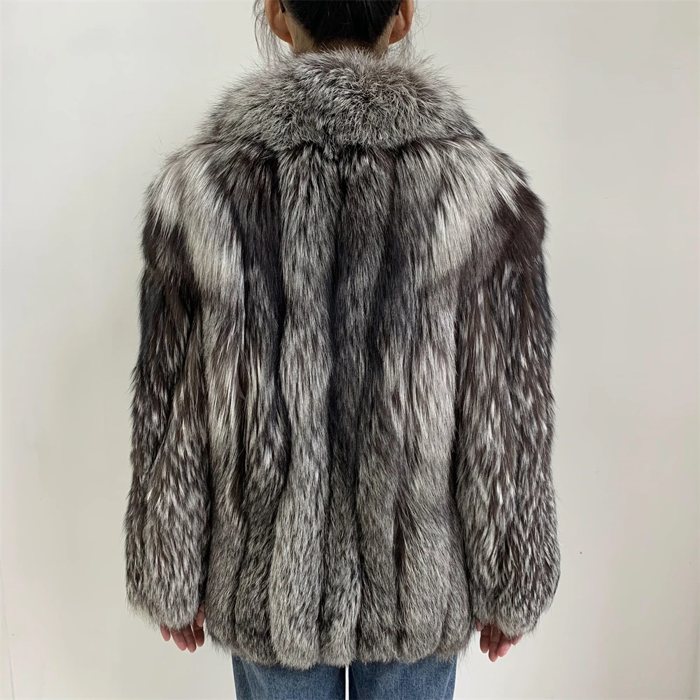 Jaxmonoy Real Fox Fur Coat for Women Luxury Design Natural Silver Fox Fur Coat Ladies Warm Winter Jacket 2025 New in Outerwear