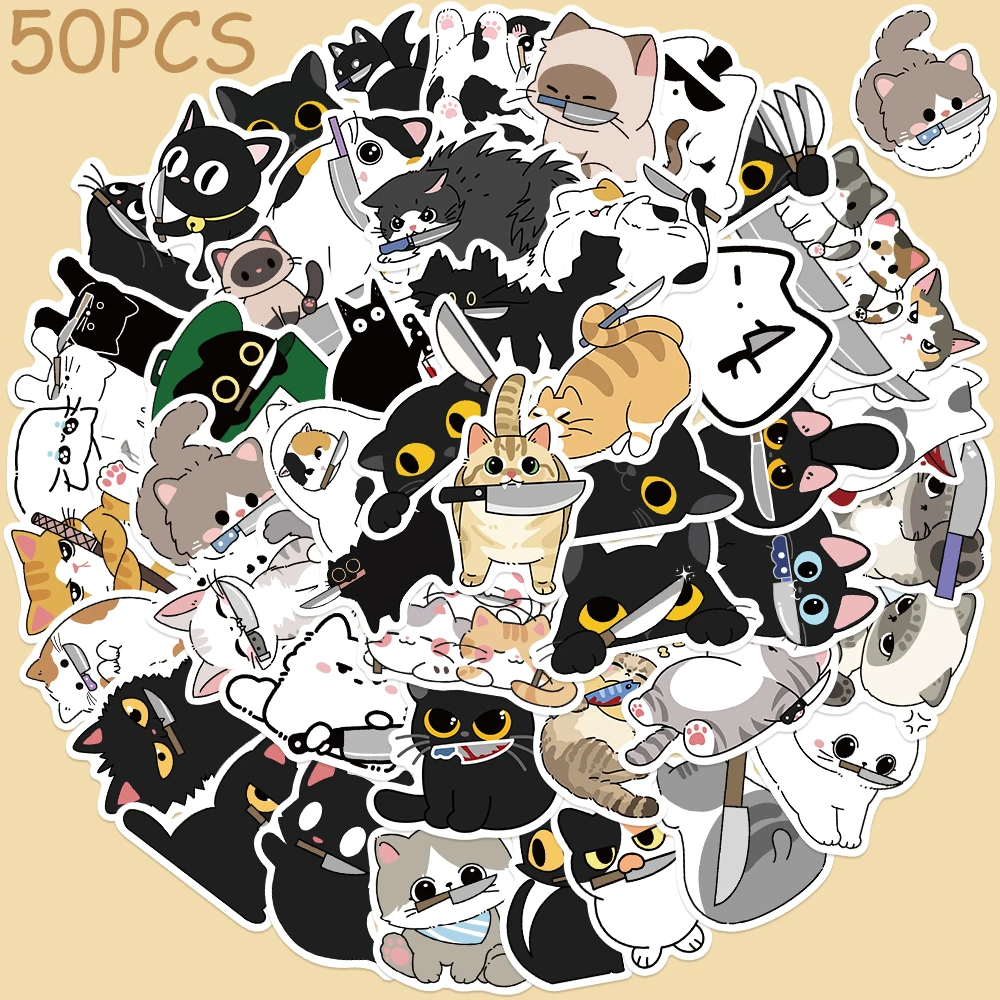 50 stks Cartoon Leuke Kat Met Mes Stickers Decals Voor Telefoon Plakboek Koffer Skateboard Gitaar DIY Graffiti Esthetische Stickers