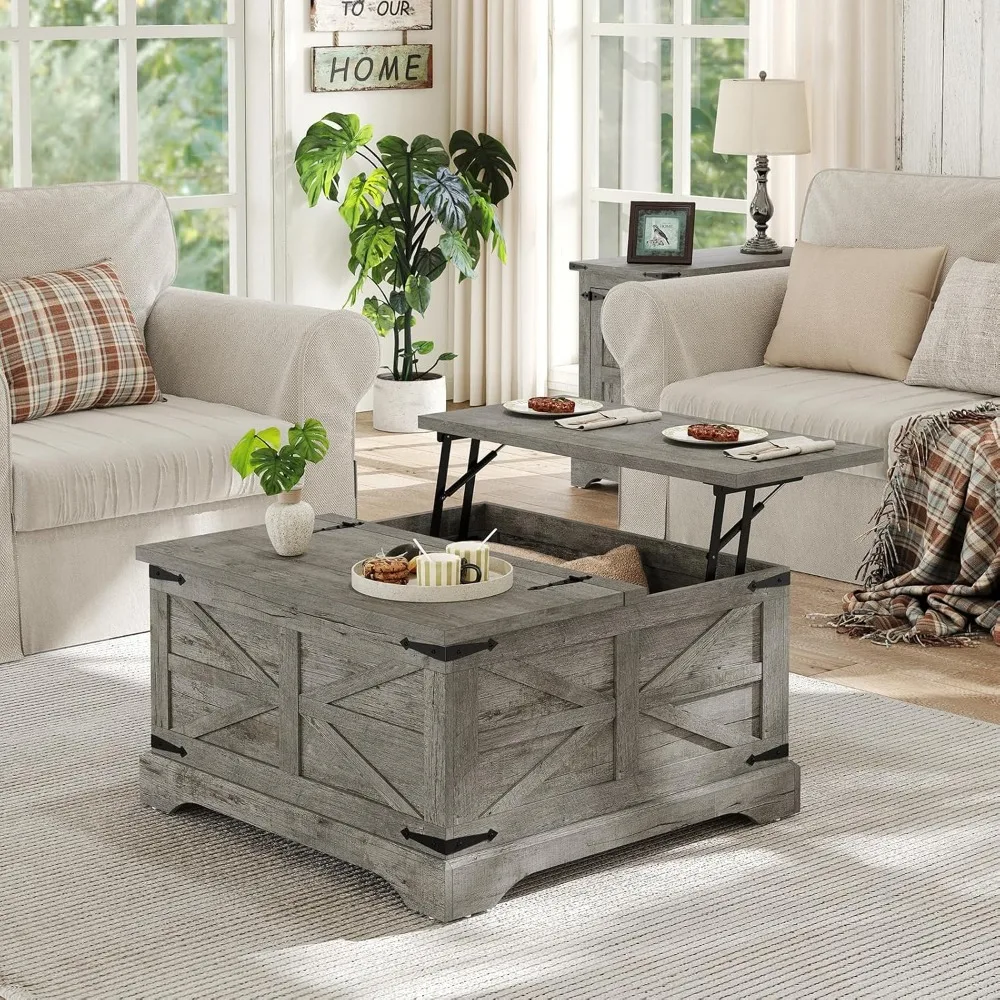 Lift Top Coffee Table with Hidden Storage for Living Room, Square Wooden Center Table, Rustic Style