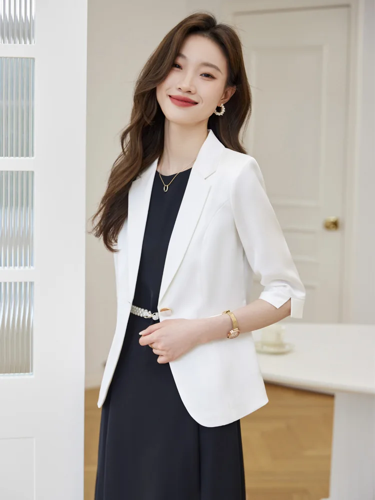 

White Casual Suit Jacket Women's Summer Thin Fashion Small Elegant 3/4 Sleeves Suit Dress Suit