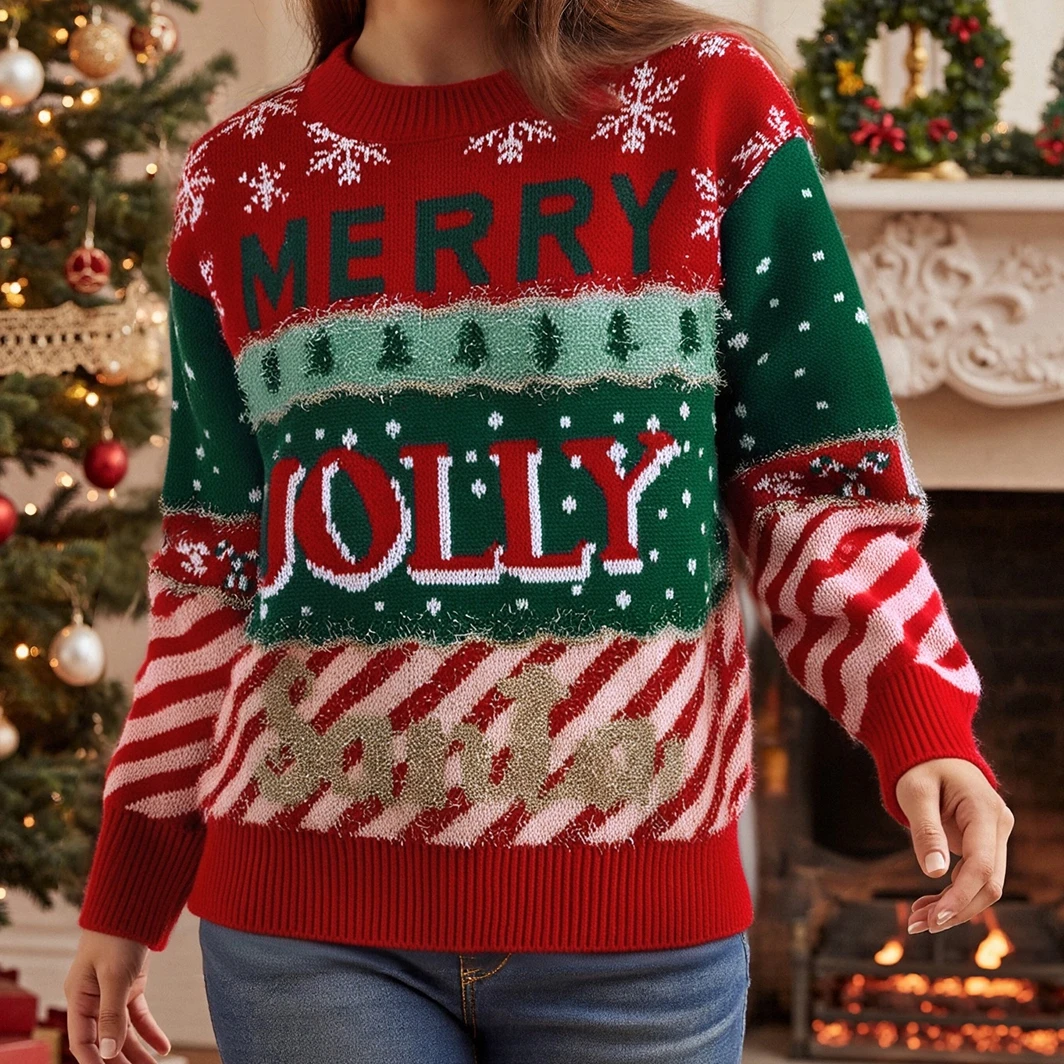 

New Women's Christmas Knit Sweater Long Sleeve Round Neck Letter Snowflake Print Patchwork Knitwear Tops