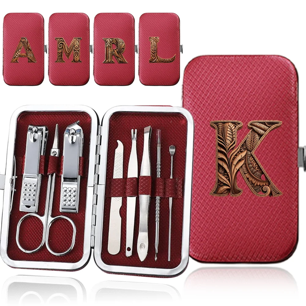 

8Pcs Manicure Set Portable Stainless Steel Pedicure Nail Clippers Tools Case Pocket Grooming Travel Kit Wood Art Letter Pattern