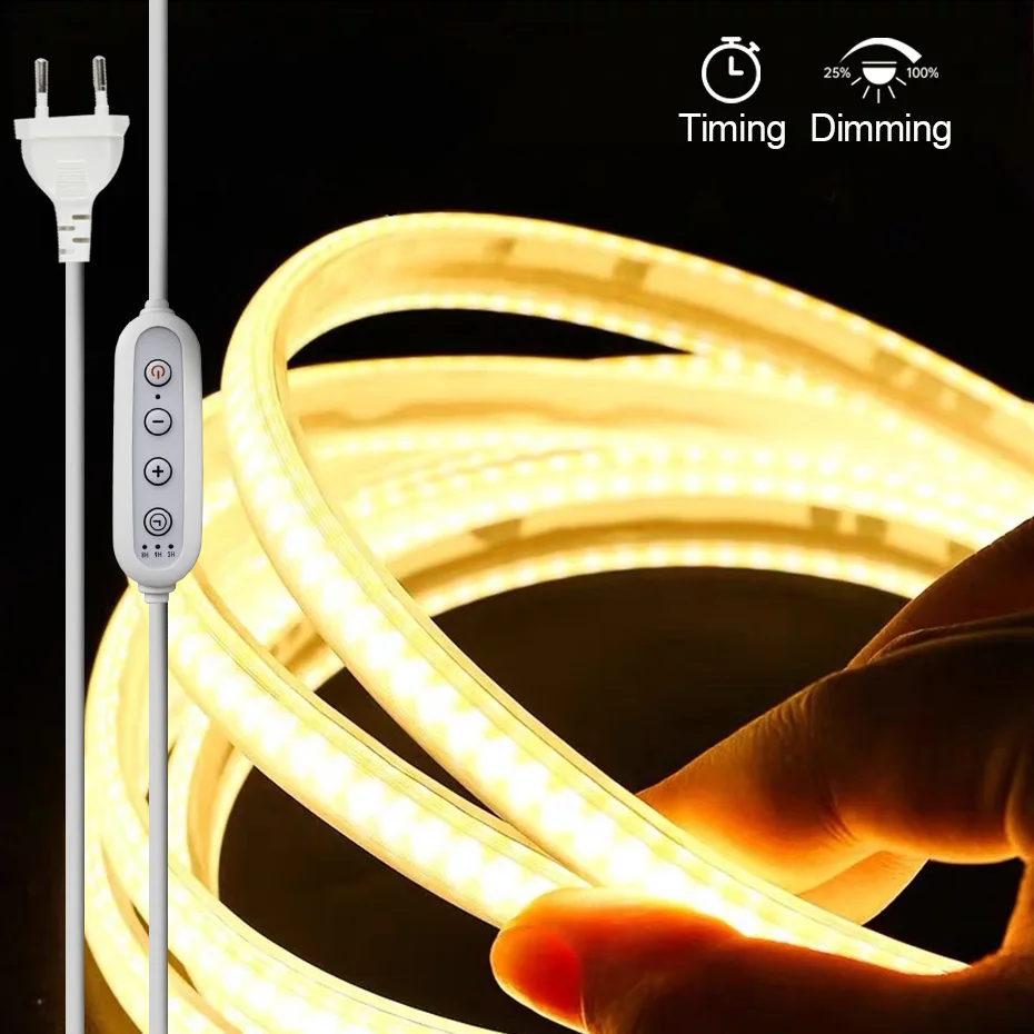 220V Dimmable COB LED Strip Neon EU AU UK Power Plug Dimmer Timing Switch 1M-25M 288LEDs/m Waterproof Flex Led Tape Ribbon