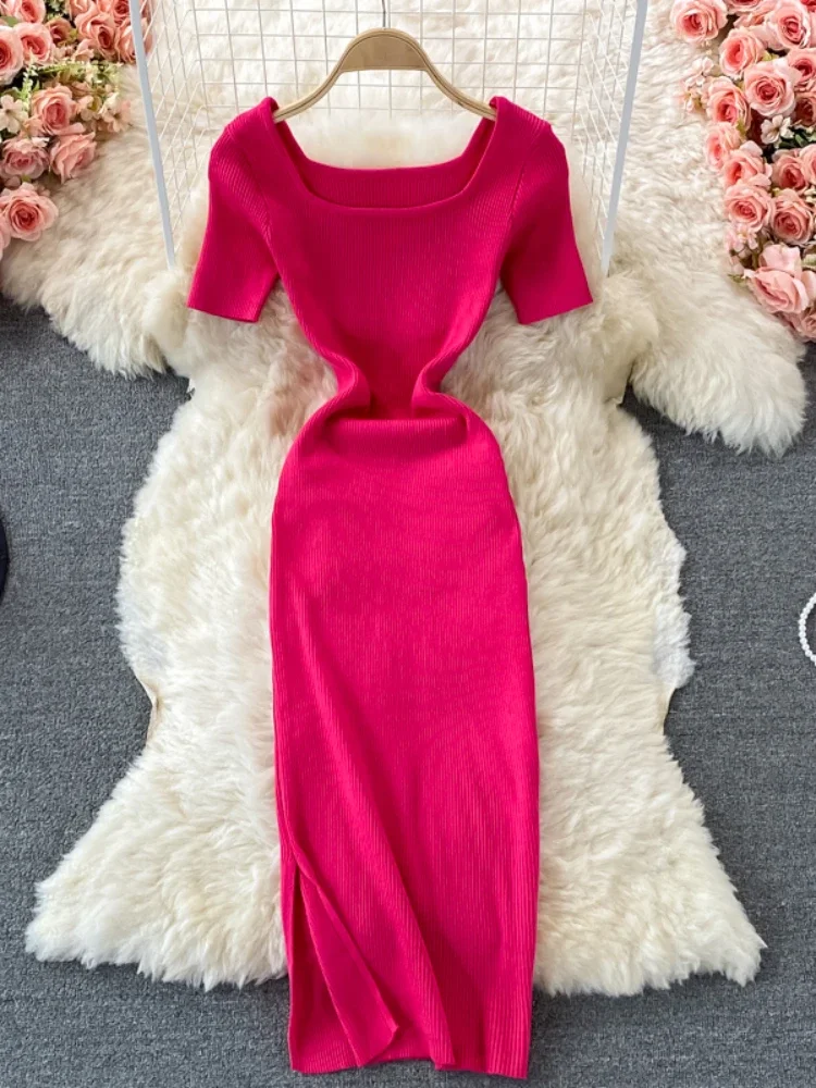 Hikigawa Chic Fashion Woman Dress Solid Square Collar Short Sleeve Slim Waist Slit Knitted Dresses For Women Vestidos Mujer