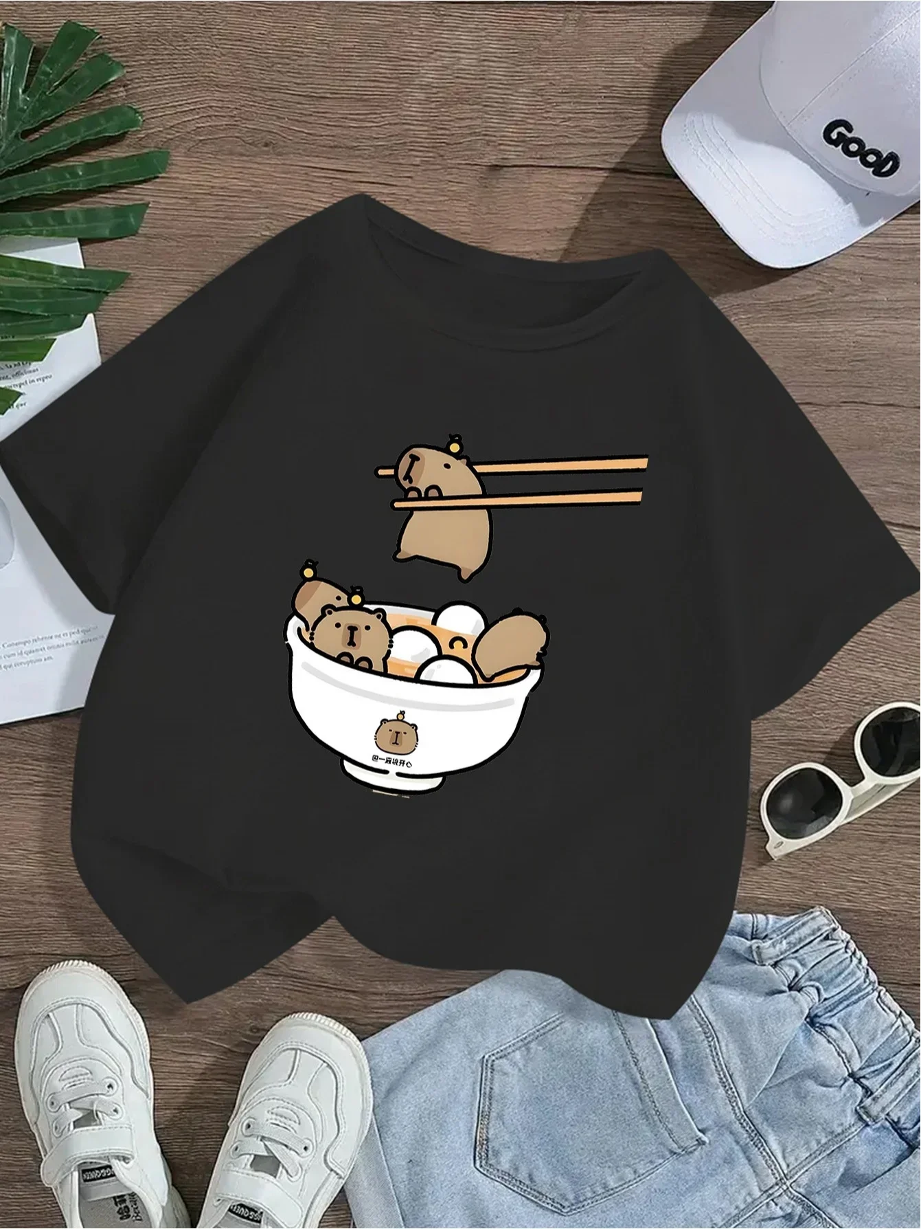 Children White Casual T Shirt Lovely Cartoon Capybara Noodle Bowl Pattern Print Short Sleeve Kids Animal Trendy Summer Top