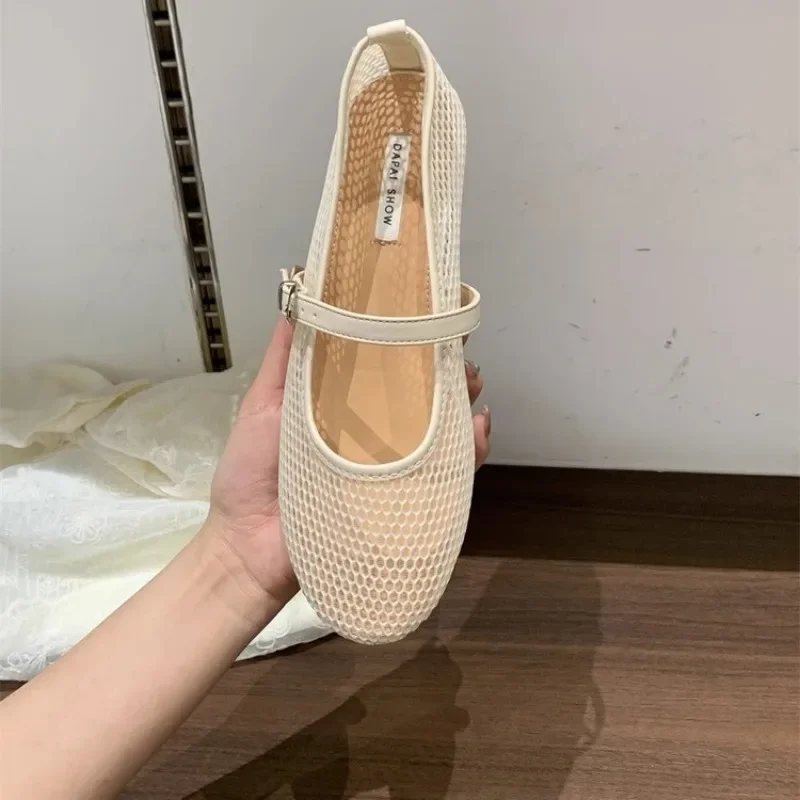 Cutout Mary Sandals Women's Round Toe Shallow Mouth Fishing Net New Summer Breathable Slip Strap Soft Sole Non-Slip Flats