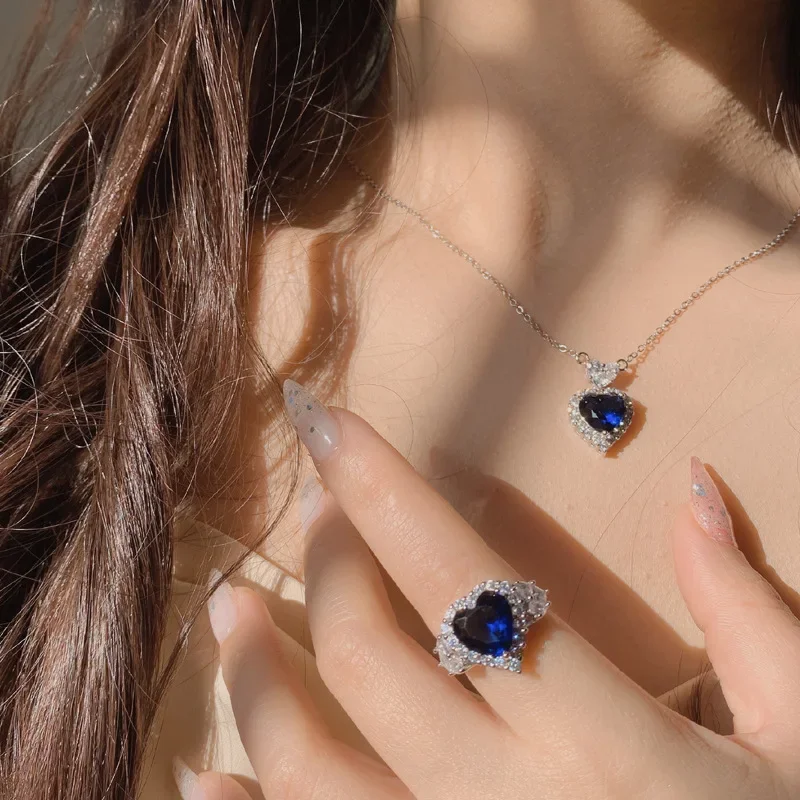 

MDLFES Moissan Diamond Style Tanzanite Blue Jewelry Heart shaped full color gemstone ring pendant with diamonds