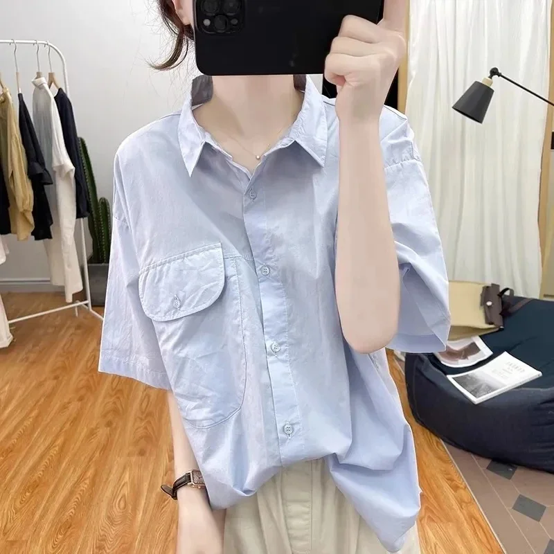 Korean Summer New Female Pure Cotton Short Sleeved Shirts Blouse Women Loose Thin Casual Fashion All-Match Tops Shirt Ladies