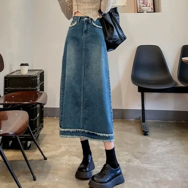 

Юбки женские миди модные с высокой талией повседневные трапециевидные ретро универсальные Femme весна осень винтажная уличная одежда с карманами Ins Denim Faldas