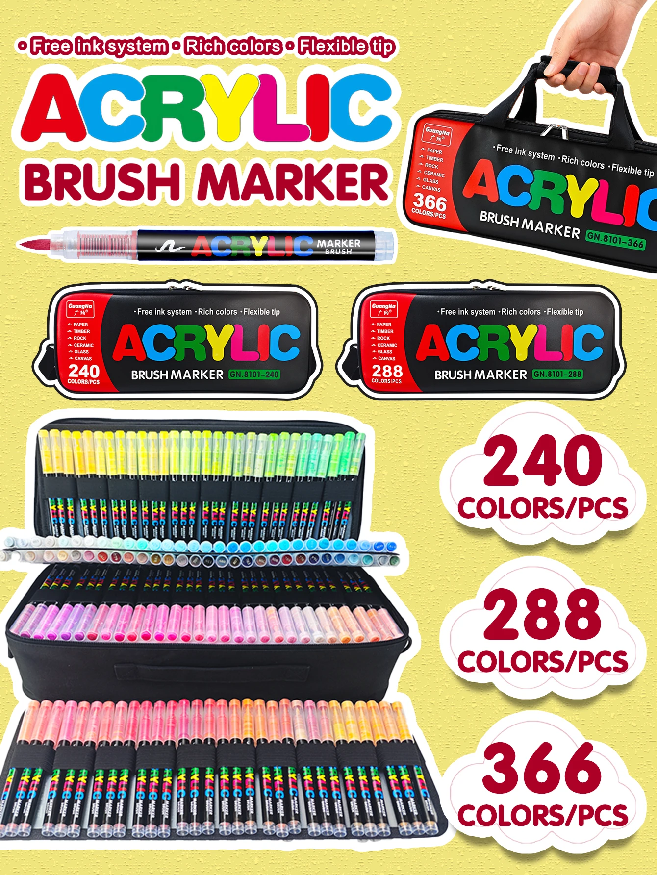 

Набор акриловых маркеров Guangna 366/288 цветов с портативной сумкой для хранения | Профессиональные маркеры для художников, для рисования на холсте и на камнях