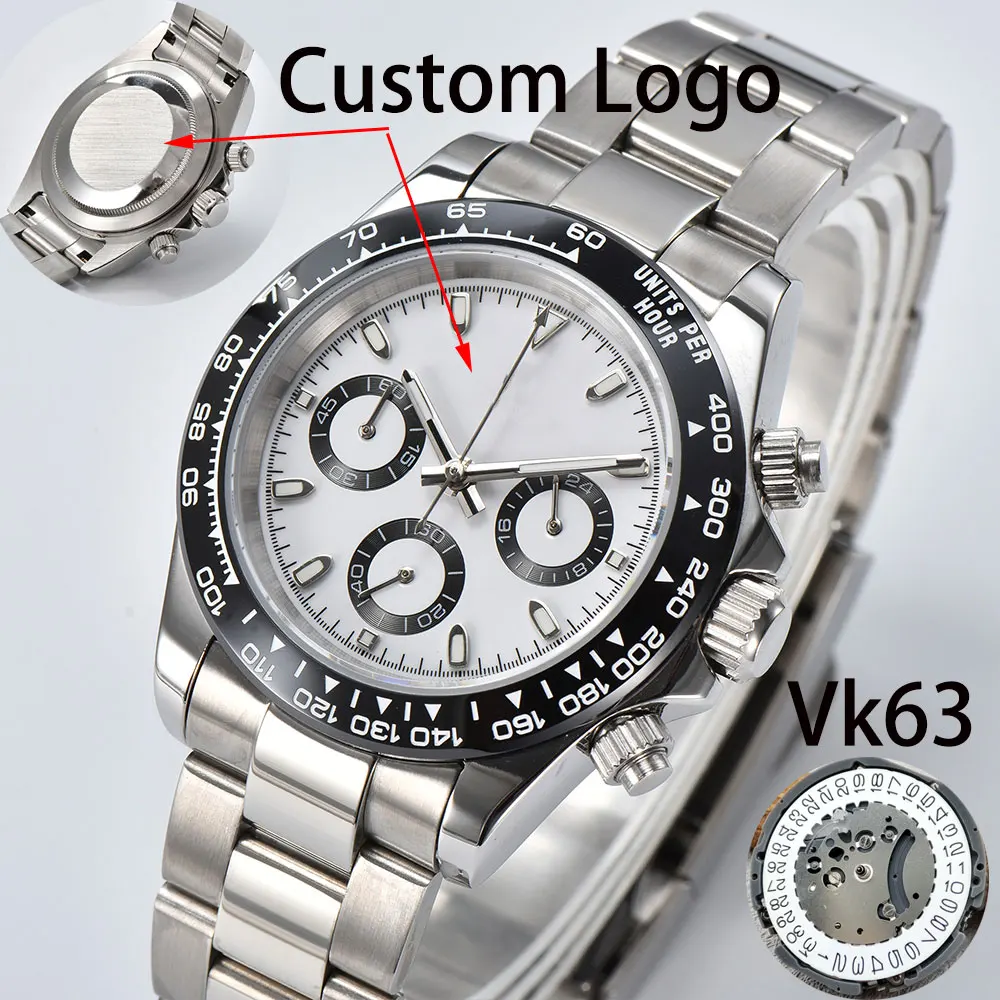 39.3mm VK63 Watch Custom Logo Three Eyed Sterile dial Stainless Steel Case Japanese VK63 Movement Sapphire GlassTiming CodeWatch