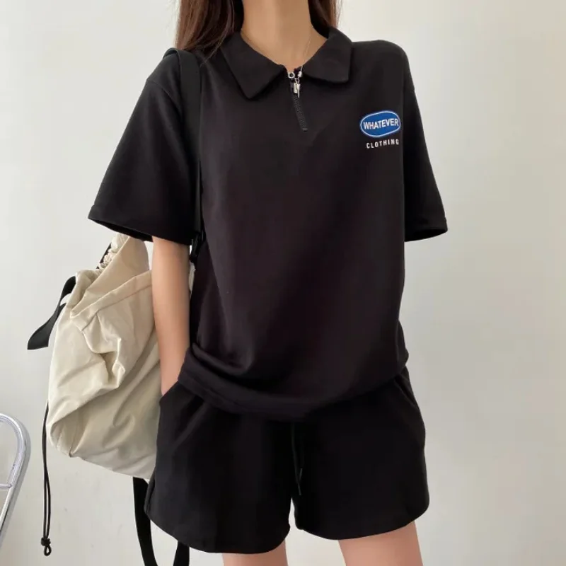 Summer Women Oversize Outfits Short Sleeve Polo Neck Shirt Two Piece Shorts Set Loose Tees Tops 2pcs Sportswear Casual Tracksuit