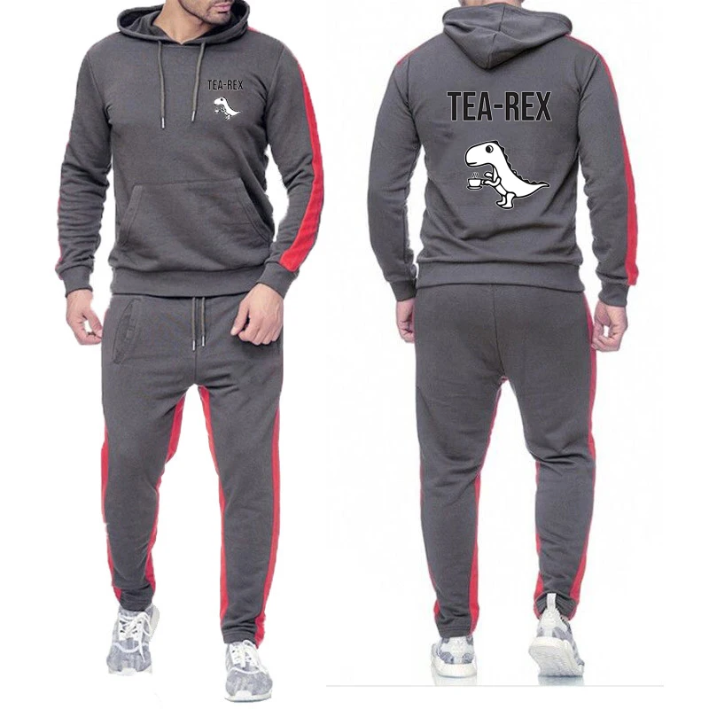 

2025 Spring Autumn Man's Tea Rex Funny Dinosaur Drink Coffee Logo Print Solid Color Pullover Hooded+Leisure Sweatpants Suits