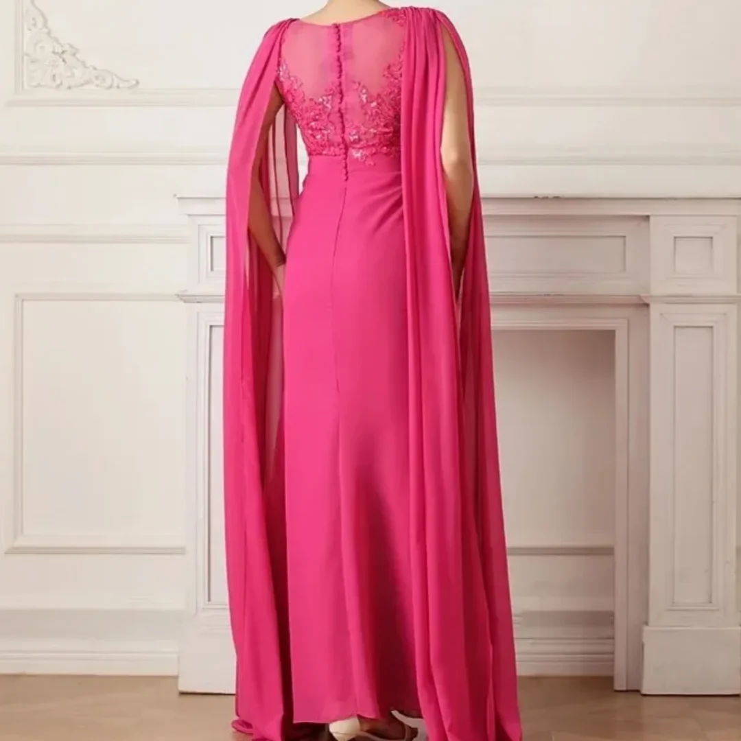 ホットピンクシフォン花嫁の母ドレスキャップスリーブアップリケゲストガウンウェディングパーティーイブニングドレス2025カスタマイズ