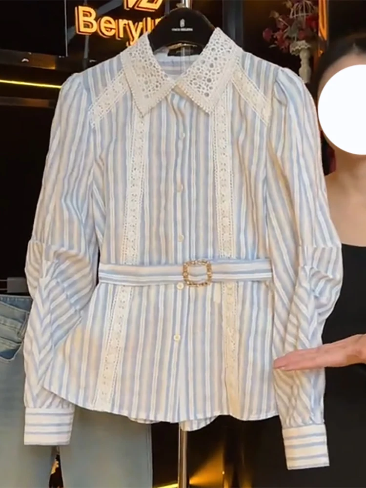 

Sweet Blue Striped Temperament Shirt Female 2025 Spring Autumn French Style Long Sleeve Shirt Lace edge Womens Tops
