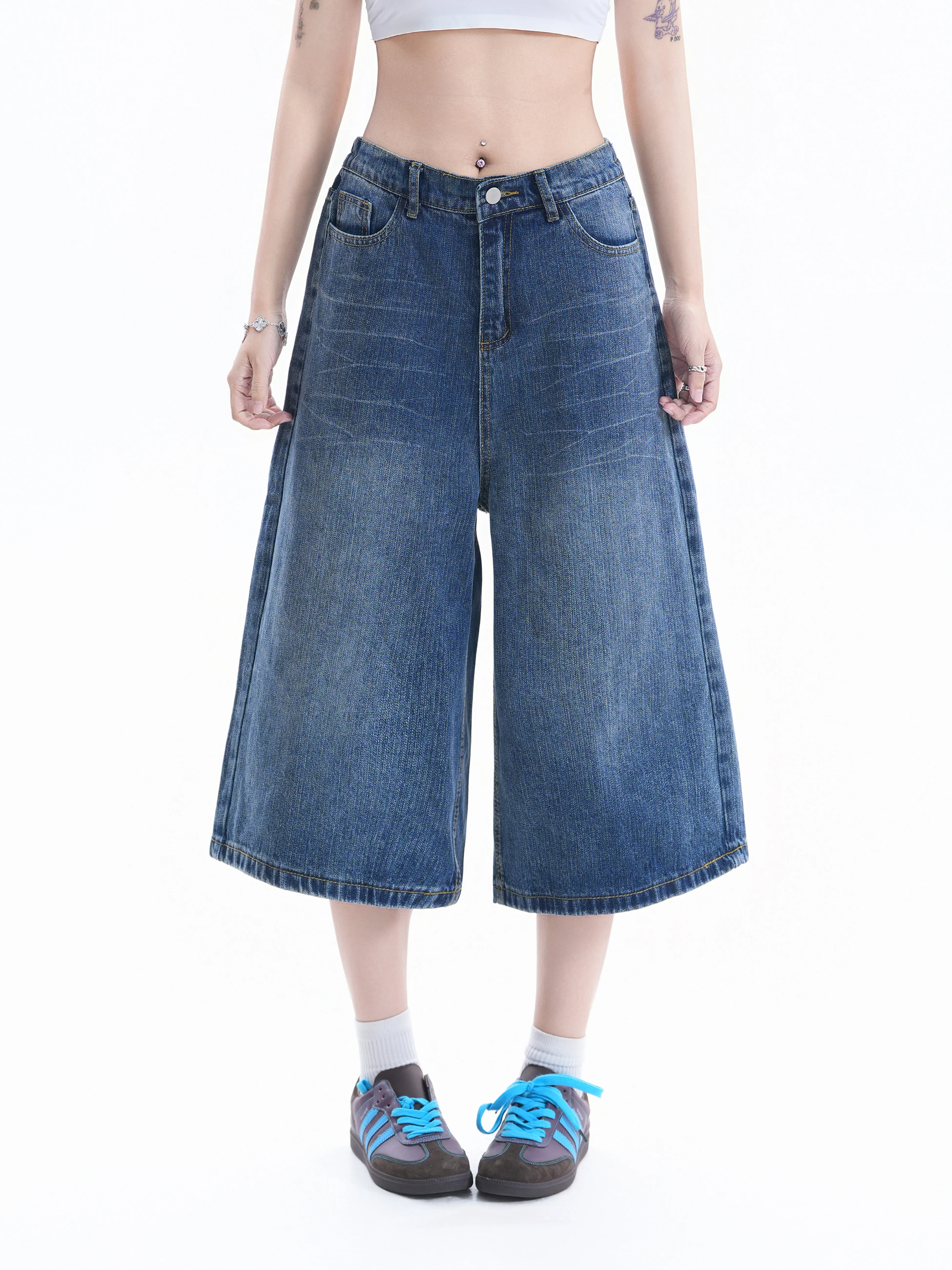 

Washed Denim Seven-Foot Pants Loose Wide-Leg Basic Style Casual Couple's Jeans American Retro Small Ball Ball Jeans