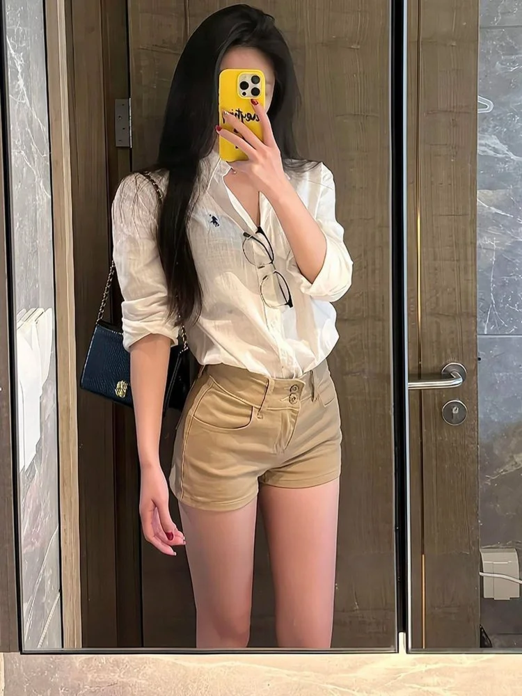 

Retro Khaki Denim Shorts Women's Summer New plus Size High Waist Slim Fit Butt Hugging A-Line Hot Pants American Style Jeans