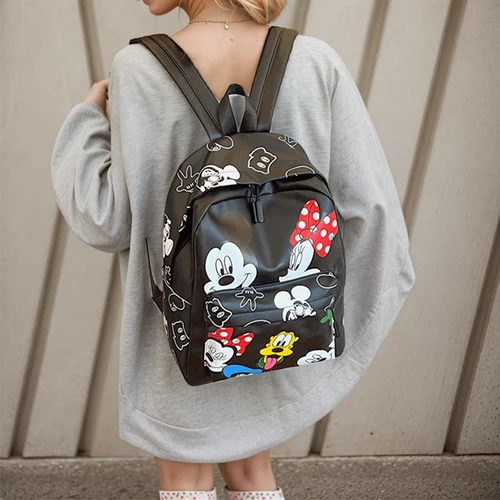 Imagen 2 del producto Mochila de moda para mujer, mochila escolar informal de PU con estampado de Mickey Mouse de gran capacidad para estudiantes