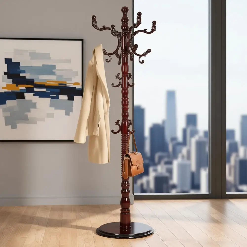 رف معطف عتيق قائم بذاته، حامل رف معطف مع 18 خطافًا وقاعدة خشبية صلبة مستديرة قوية، ثلاثة مستويات قابلة للتعديل لغرفة النوم #1