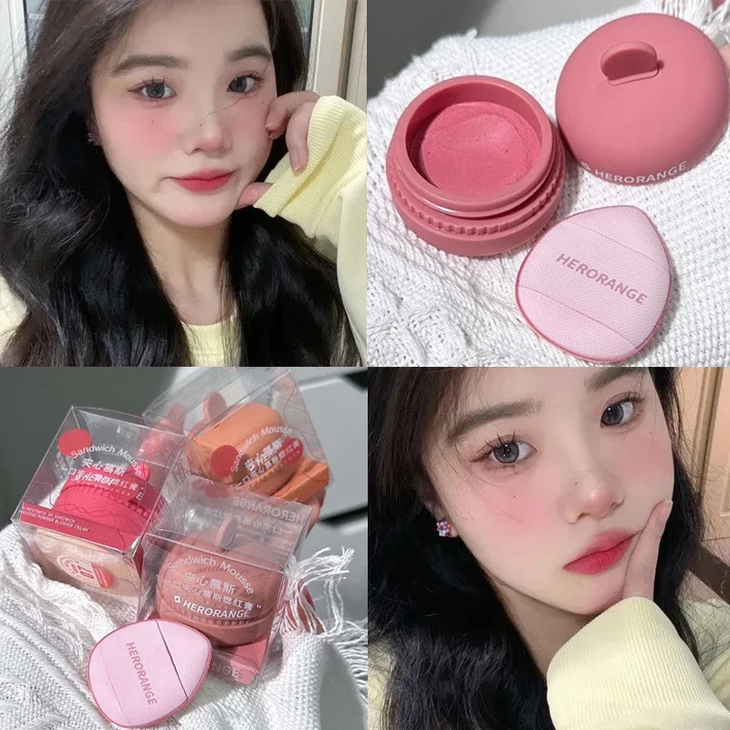 1PC Mousse Blush Palette Rose Hawthorn Cheek Tint Blusher with Puff Natural Face Makeup Matte Peach Rouge Contour Shadow Palette