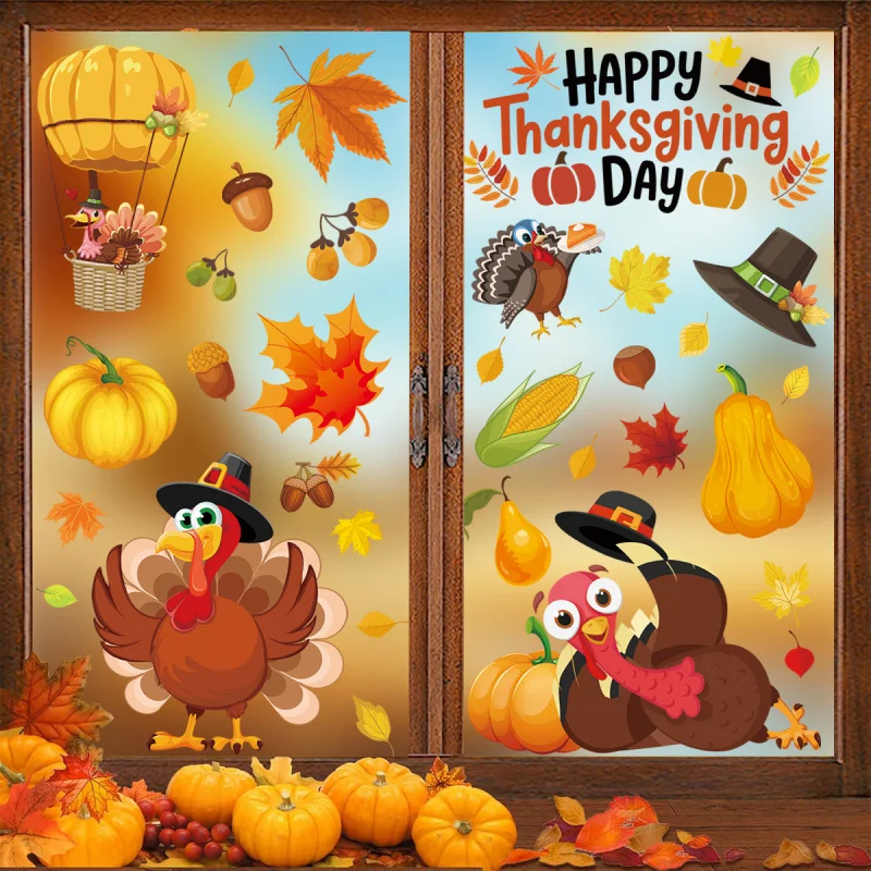 6pcs/set Thanksgiving Window Cling Fall Maple Leaf Turkey Pumpkin Static Sticker Autumn Glass Door Decal Home Decoration
