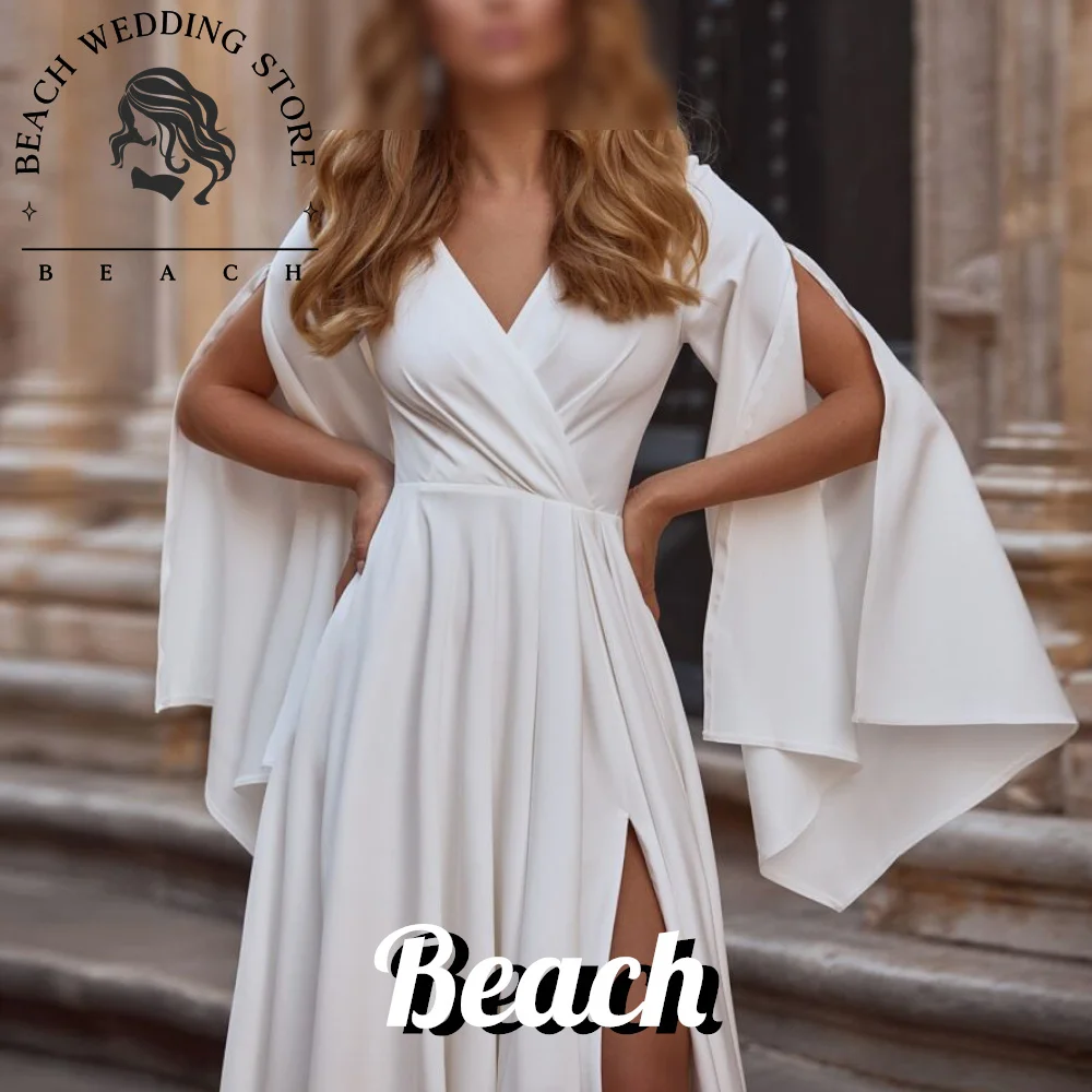 

Beach Customized Zipper Back Solid Color Side Silt V Neck Pleats Straight Sleeveless Forest Fairy Wedding Dress Charming