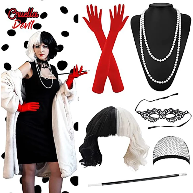 Woman Girl Birthday Decorations Cruella Costume Cosplay Halloween Party Supplies Black White Wig Prop Mask Gloves Necklace