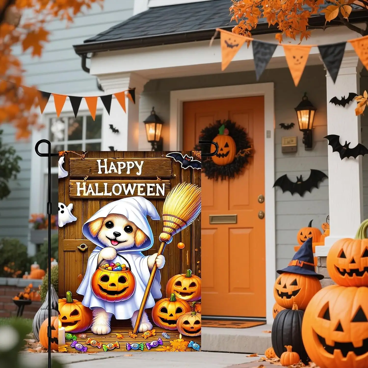 Halloween Meoween Garden Flag 12x18 Inch Double Sided Dog Pumpkin Witch Outdoor Yard Flag for Outside Home Front Door Lawn P PPZ
