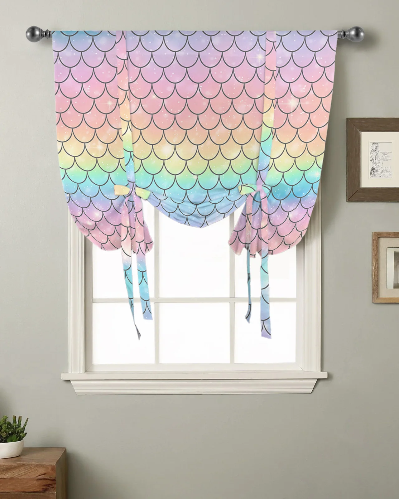 Mermaid Scales Ocean Rainbow Window Curtain for Living Room Roman Curtains for Kitchen Cafe Tie Up Short Drapes