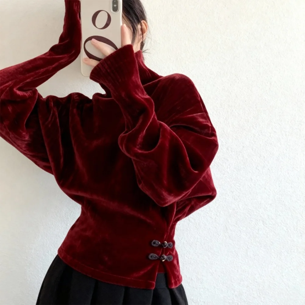 

New Chinese style festive New Year burgundy button-down slit high-necked velvet top women's 25 winter bottoming shirt