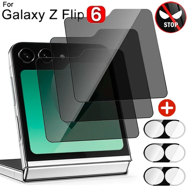 Protector de pantalla y cámara exterior 6 en 1, vidrio templado de privacidad para Samsung Galaxy Z Flip 6 5G, película protectora de pantalla antiespía Flip6