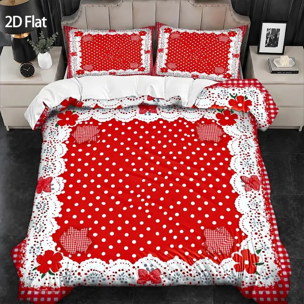 3Pcs Red Polka Dot Vintage Pastoral Duvet Cover Set with 1Pc Duvet Cover and 2Pcs Pillowcases Bedding Accessories Quilt Cover