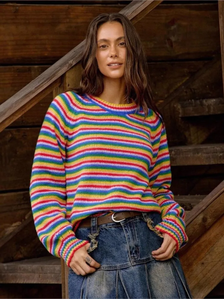 

2025 Winter Clothes Woman Pulls Femmes Rainbow Striped Sweater Top Knitted Retro Round Neck Long Sleeves Loose All-match Trendy