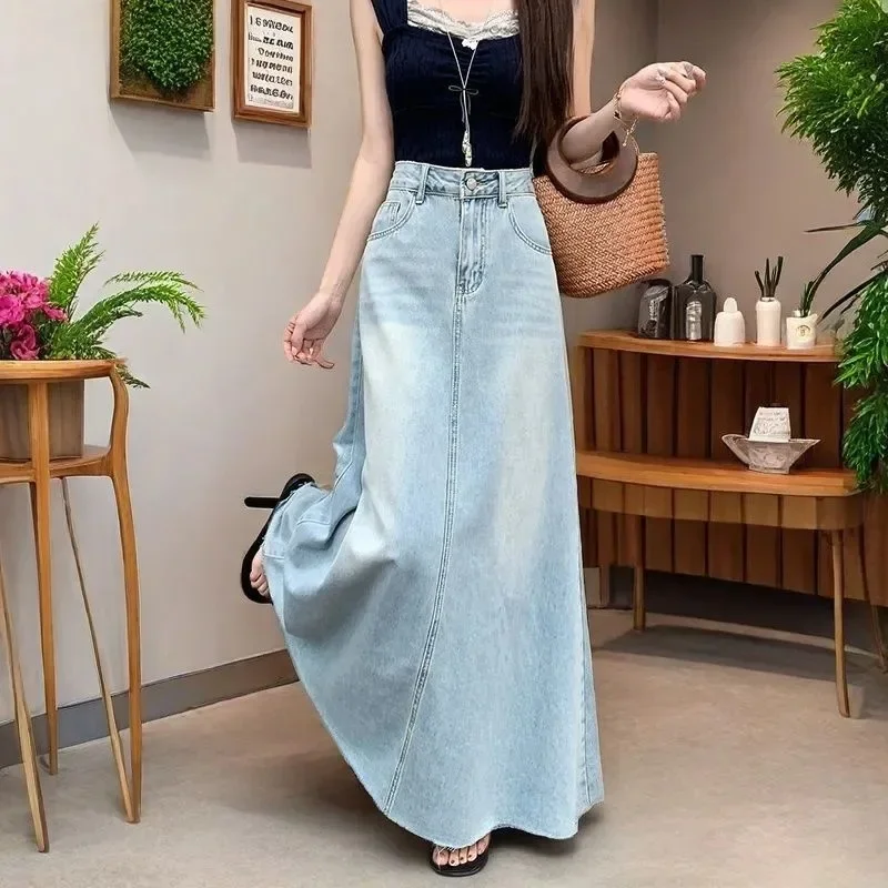 NICE High Waist Denim Skirt Women's Long Floor Length A- Line Midi Skirt Slimming Hip Covering Vintage Summer Casual Skirt