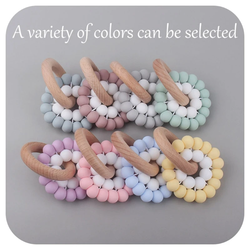 Baby Wooden Ring Teether Bracelet Silicone Beads Rattle Molar Soother