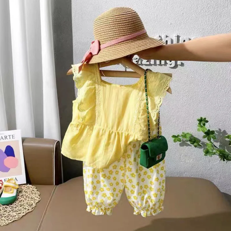 

Baby Girl's Western Style Suit Summer Internet Celebrity Top+Anti-Mosquito Pants Cropped Pants Two-Piece Travel Clock-in Suit Su