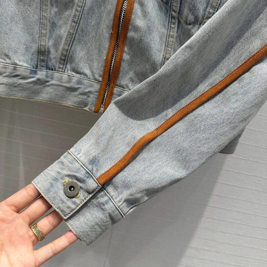 2024 New Autumn Fashion Suede Leather Trimmed Washed Denim Short Design Jacket Women Lapel Zipper Long Sleeve Pockets Retro Coat