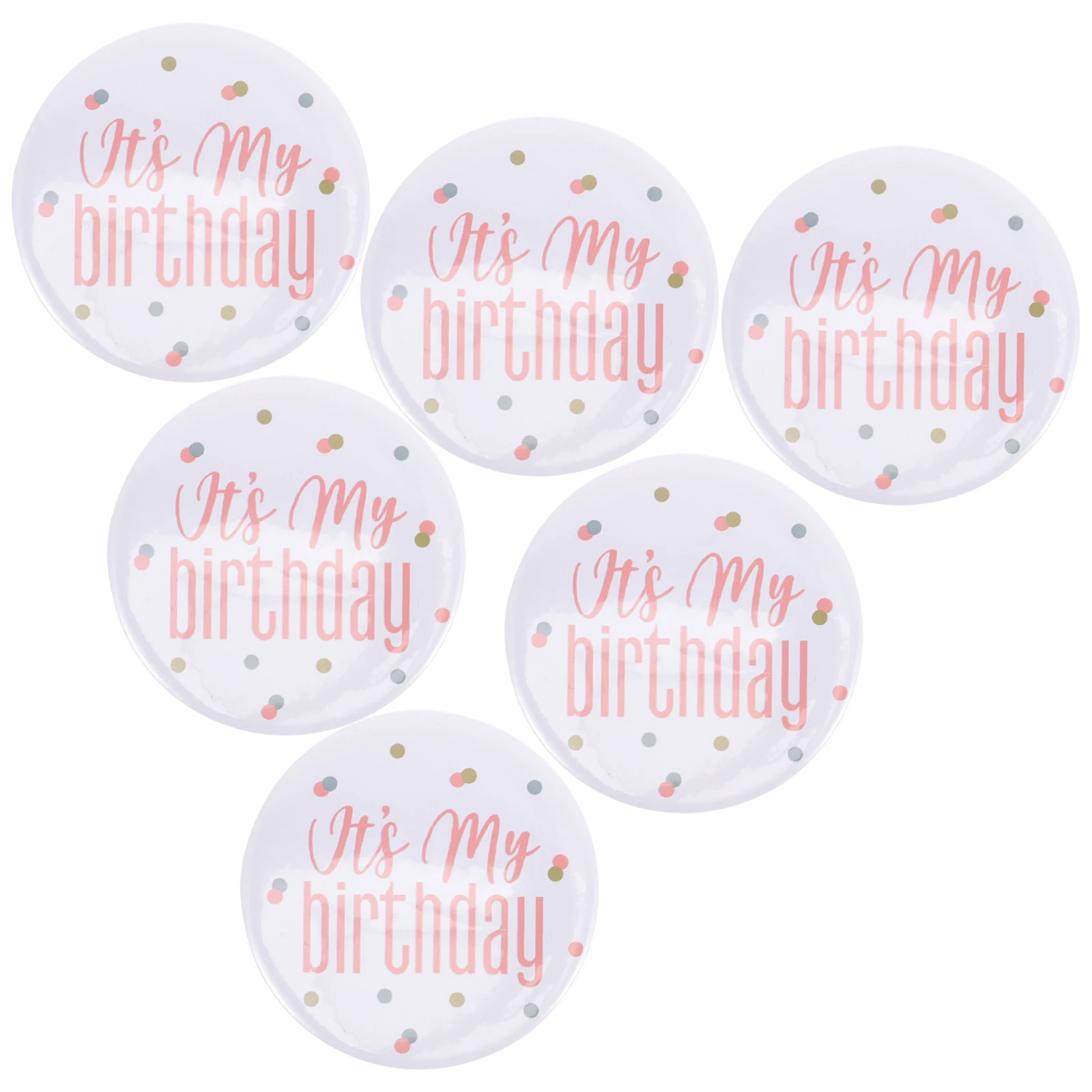 

6 Pcs Girl Women Party Iron Its My Birthday Metal Brooch Decorative Metal Pin For Party Happy Pin Set White Background
