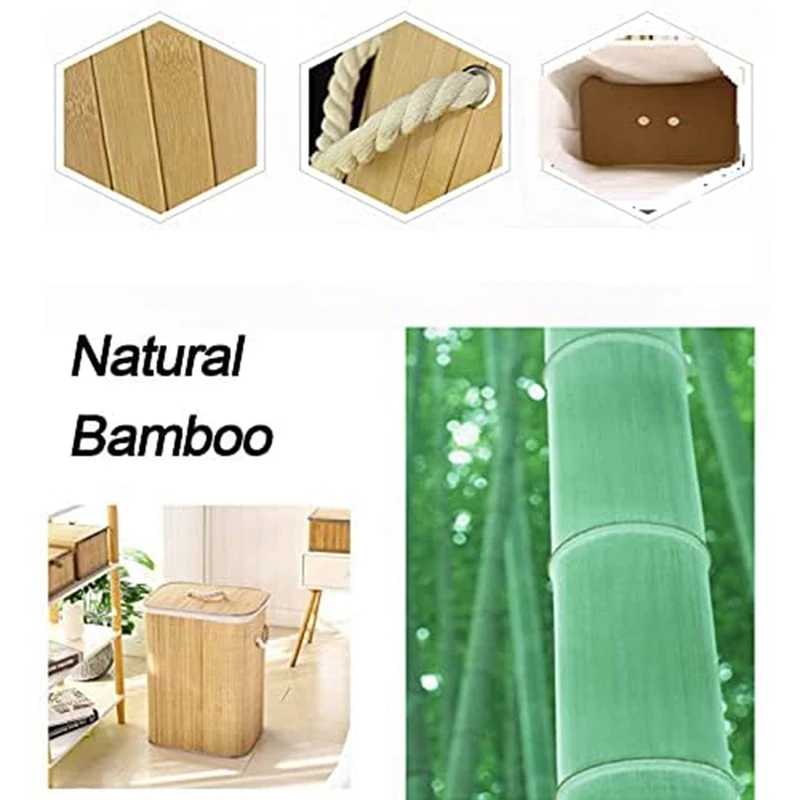 Foldable Bamboo Laundry Basket, Clothes Storage Basket With Lid Household Cloth Container Organiser Washing Basket