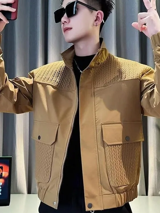 

Trendy ort Workwear Jaet for Men Spring Autumn Cotton Patchwork Wheat Spike Design Briti Sle Casual ort Top