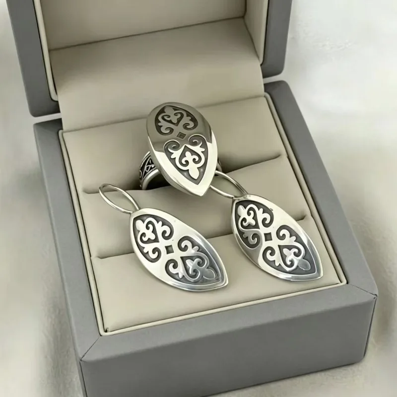 Fashionable Ethnic Style Shepherd Horn Patterned Droplet Shaped Metal Earrings and Rings Banquet Party Charm Gift for Women