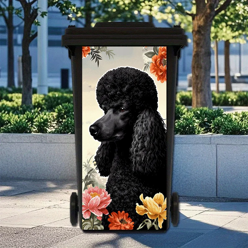 1 piece of black poodle floral pattern trash can sticker, 2D flat.